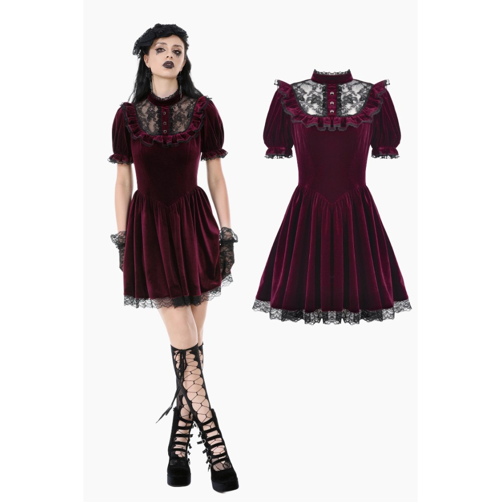 Dark in Love - Gothic Duchess Crimson Velvet Puff Kurzes Kleid - Rot